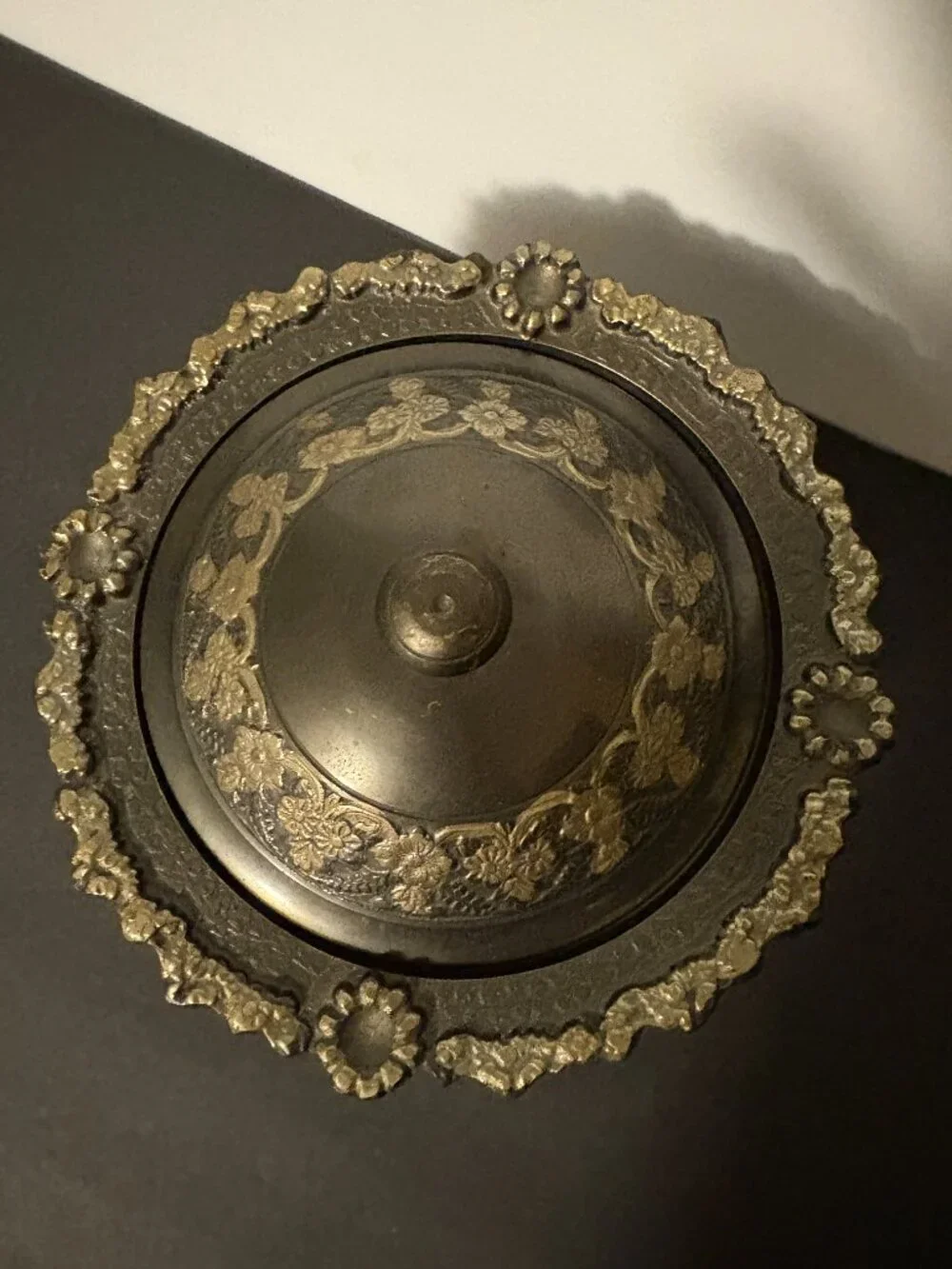 Vintage Black and Gold Enameled Embossed Brass Covered Tooted Dish